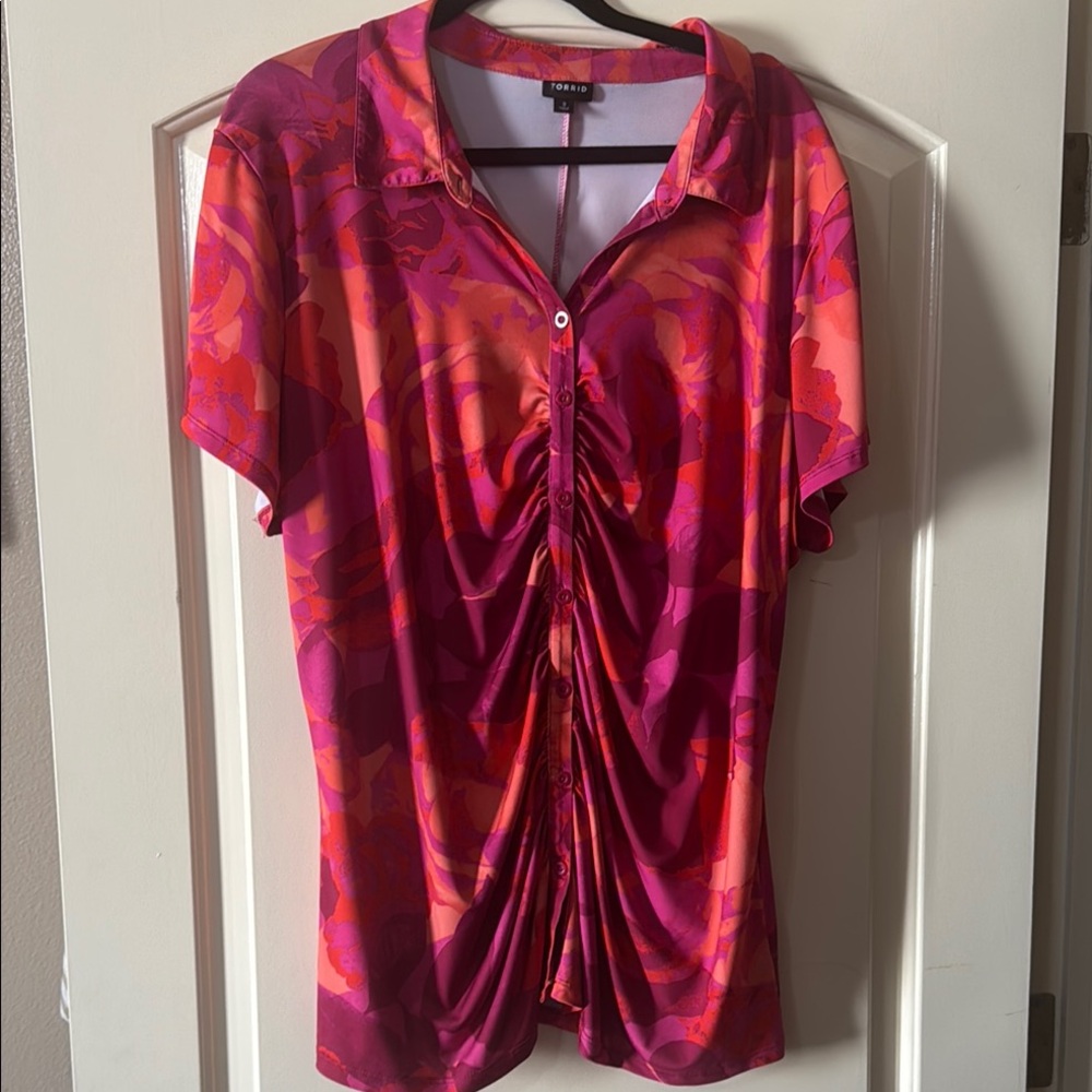Torrid Red Pink Flutter Sleeve Button Down Up Silly Short Sleeve Blouse 3X